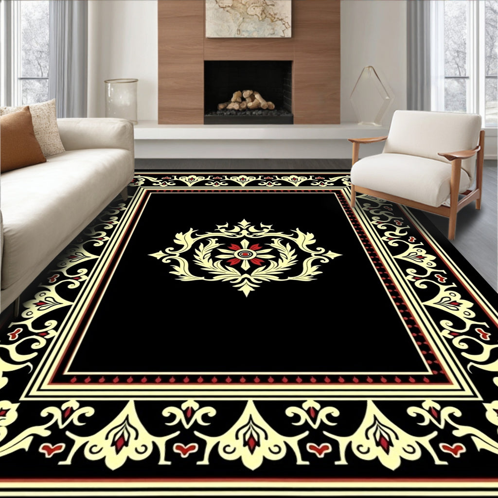 Black Cream Red Ornate Scroll Garden Rug