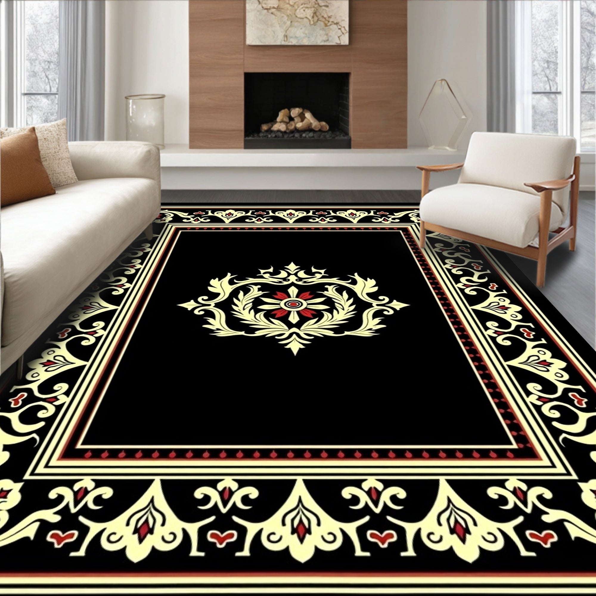 Black Cream Red Ornate Scroll Garden Rug