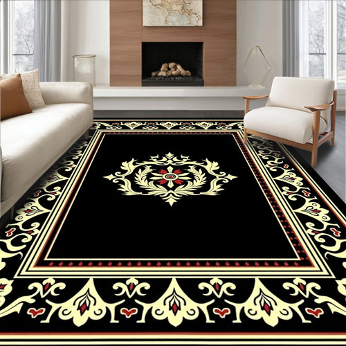 Black Cream Red Ornate Scroll Garden Rug