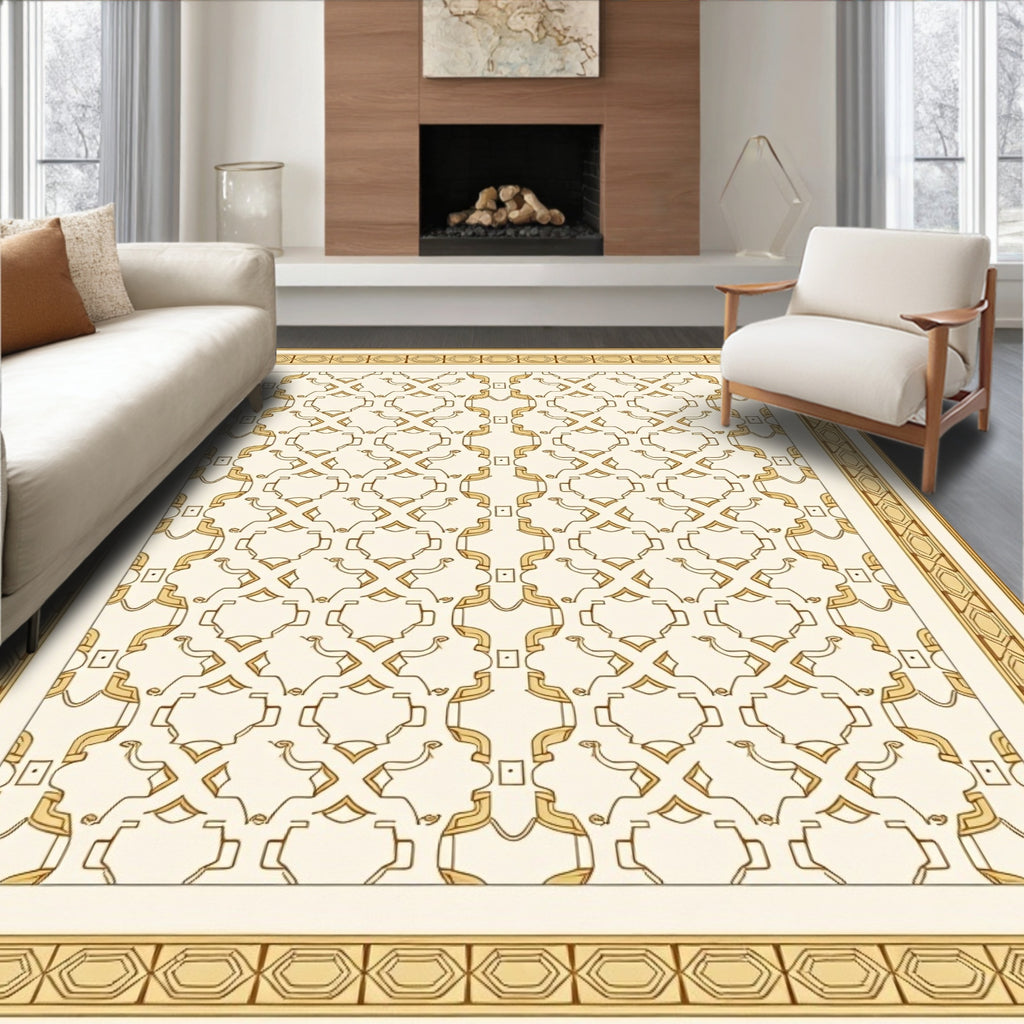 Cream and Gold Geometric Overlay Rug