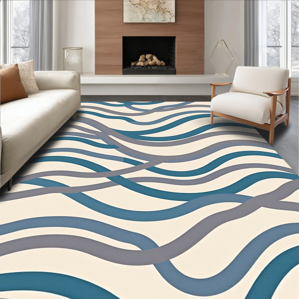 Blue Gray Wavy Striped Organic Rug