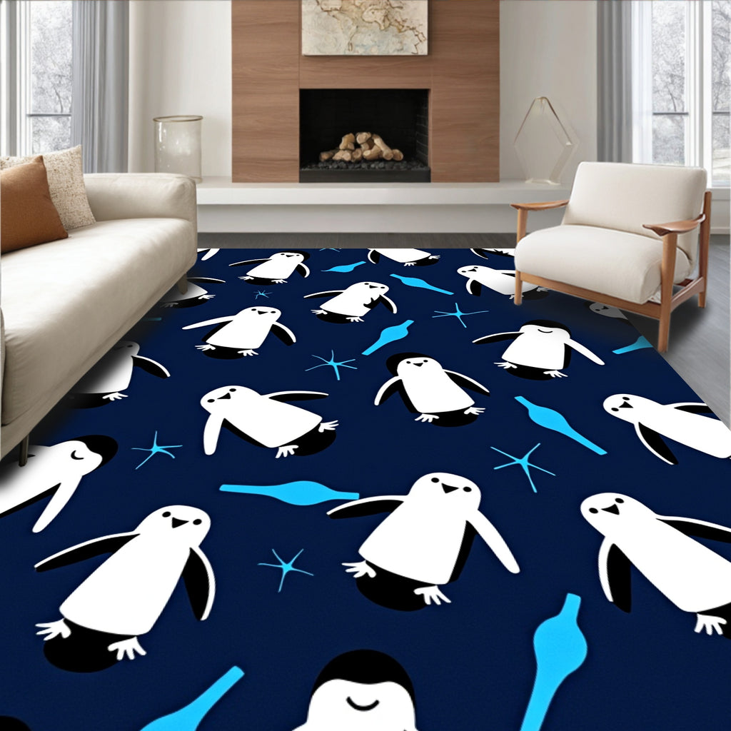 Cute Penguin Navy Blue Playful Elements Rug