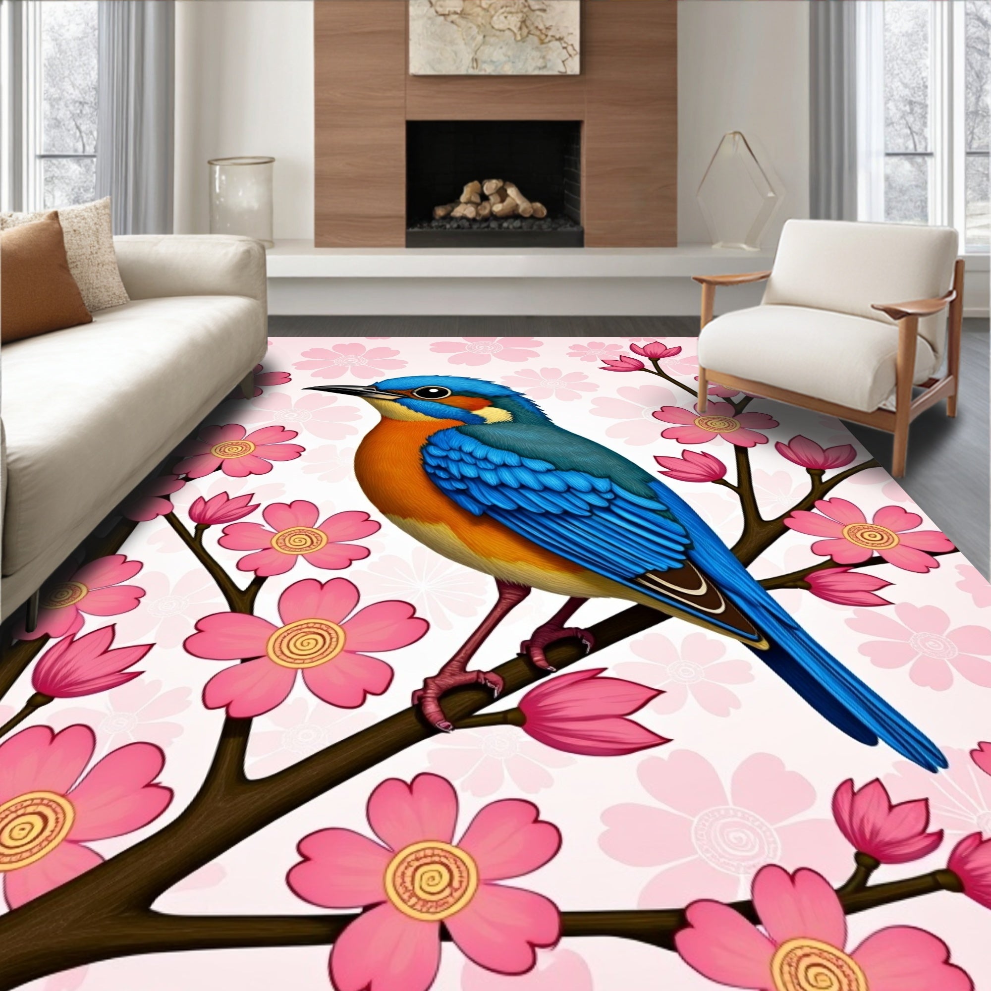 Vibrant Blue Bird Cherry Blossom Rug