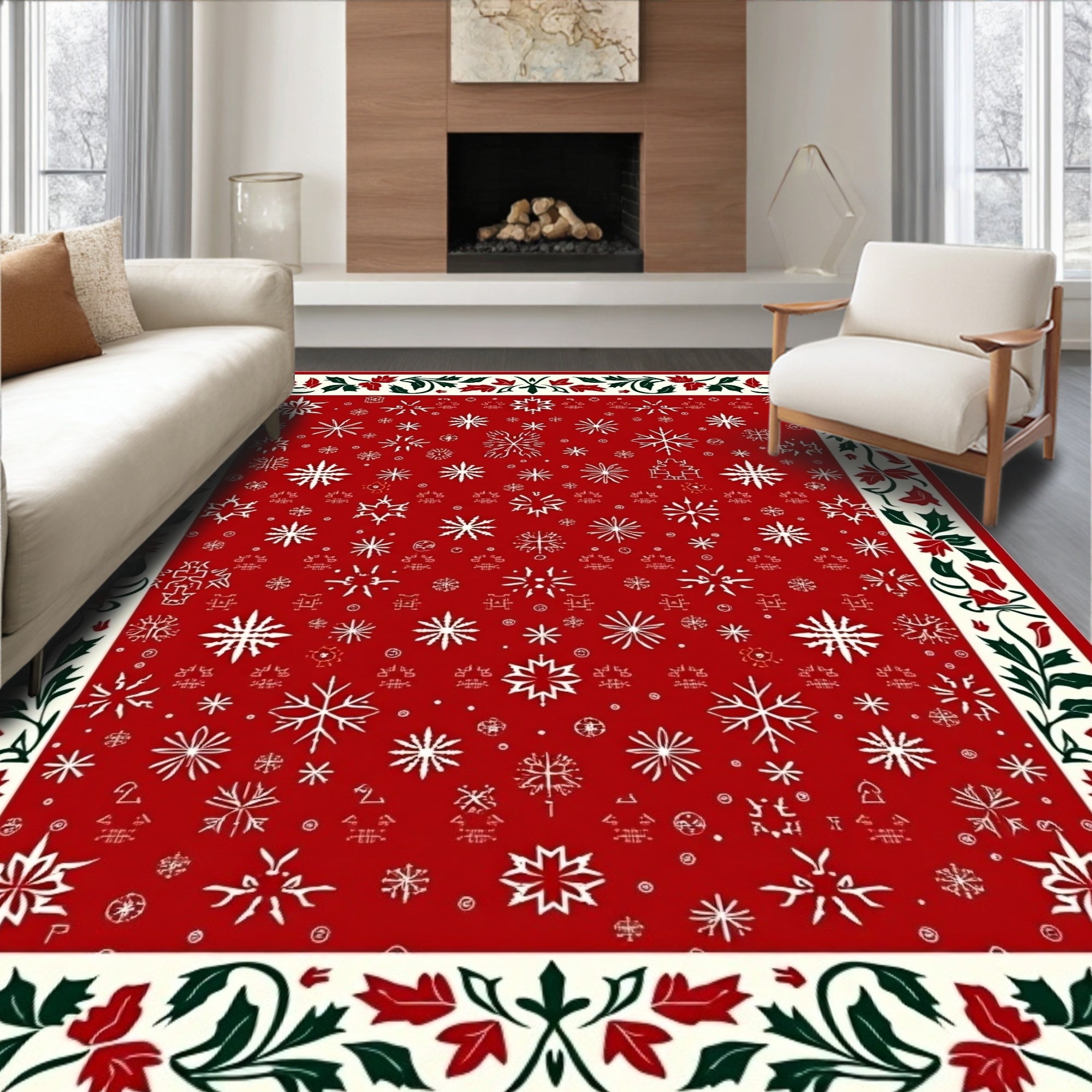 Red Snowflake Winter Holly Border Rug