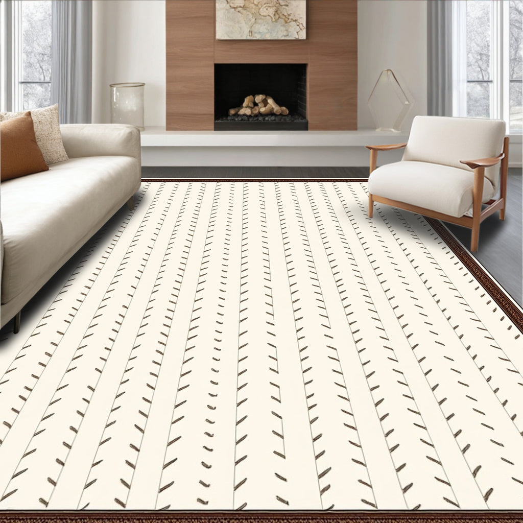 Cream Tan Vertical Dash Border Rug
