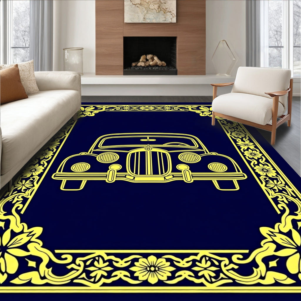 Golden Vintage Car Floral Border Rug