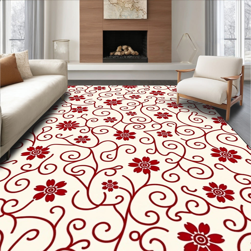 Crimson Floral Swirl Cream Rug
