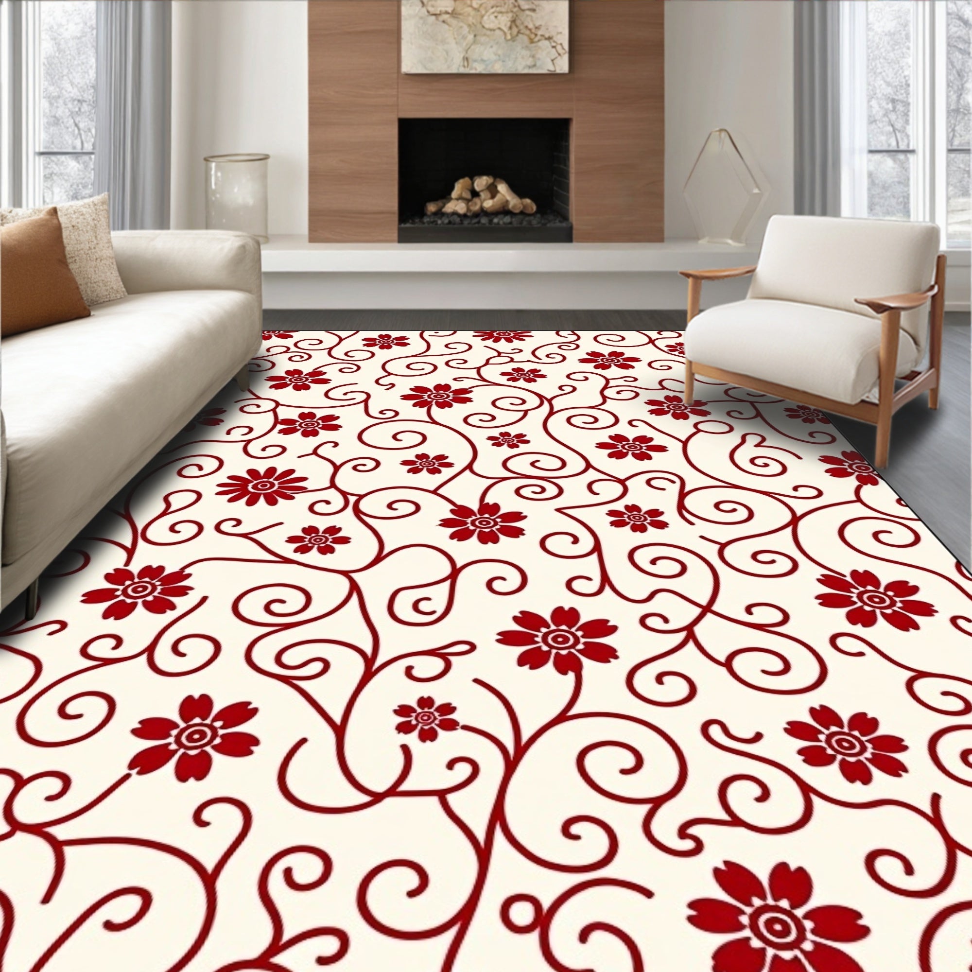 Crimson Floral Swirl Cream Rug