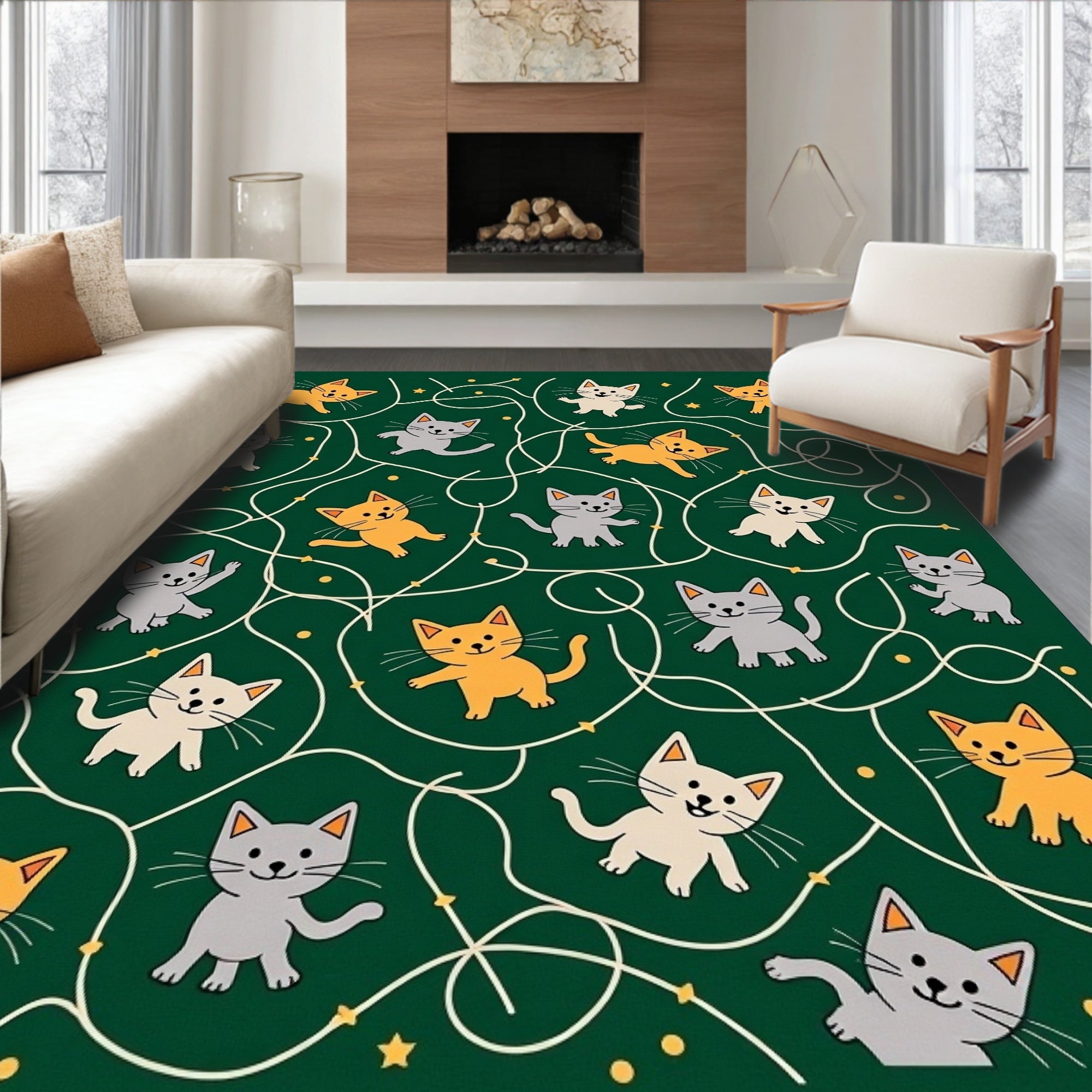 Playful Kittens Green Whimsical Maze Rug