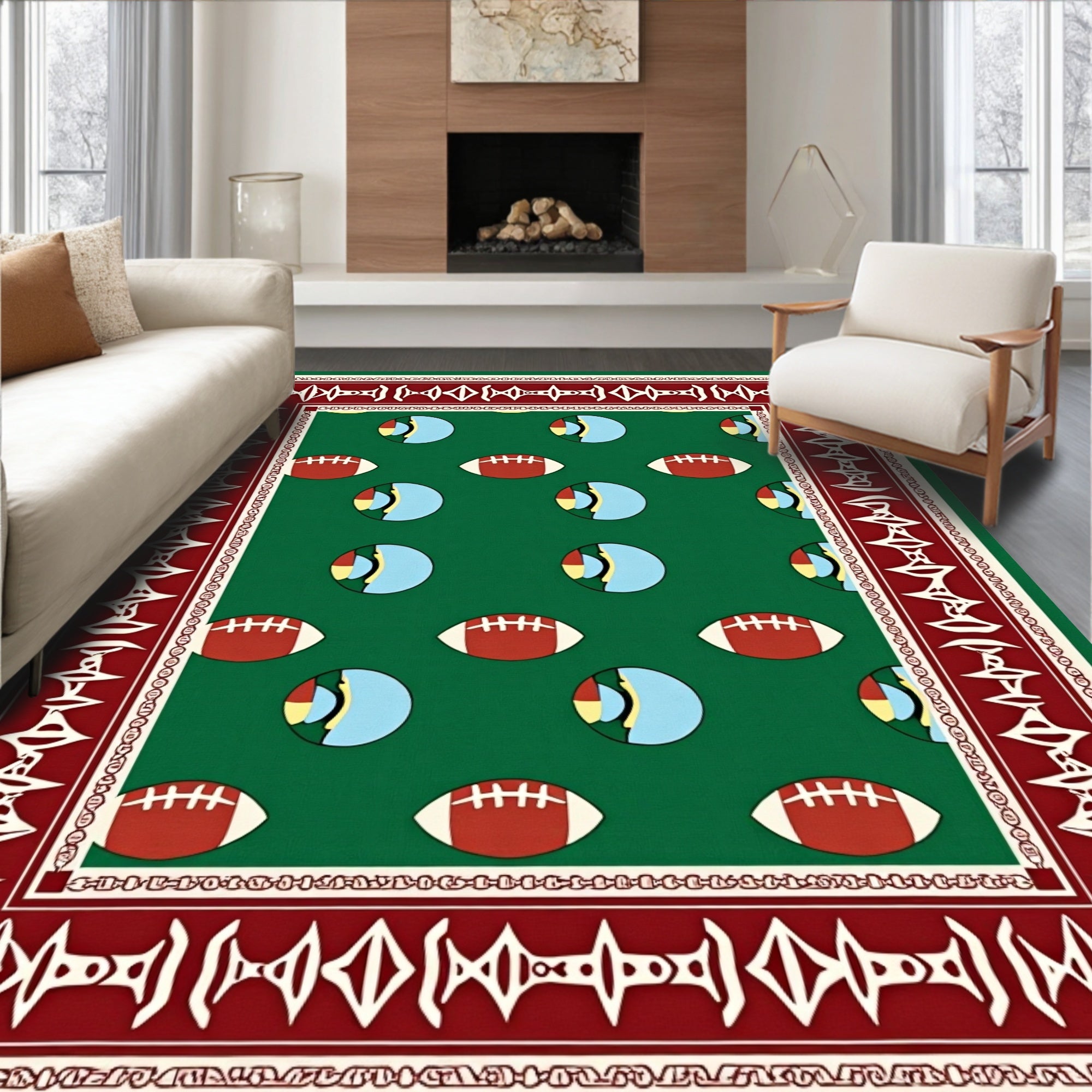 Green Football and Eye Border Rug