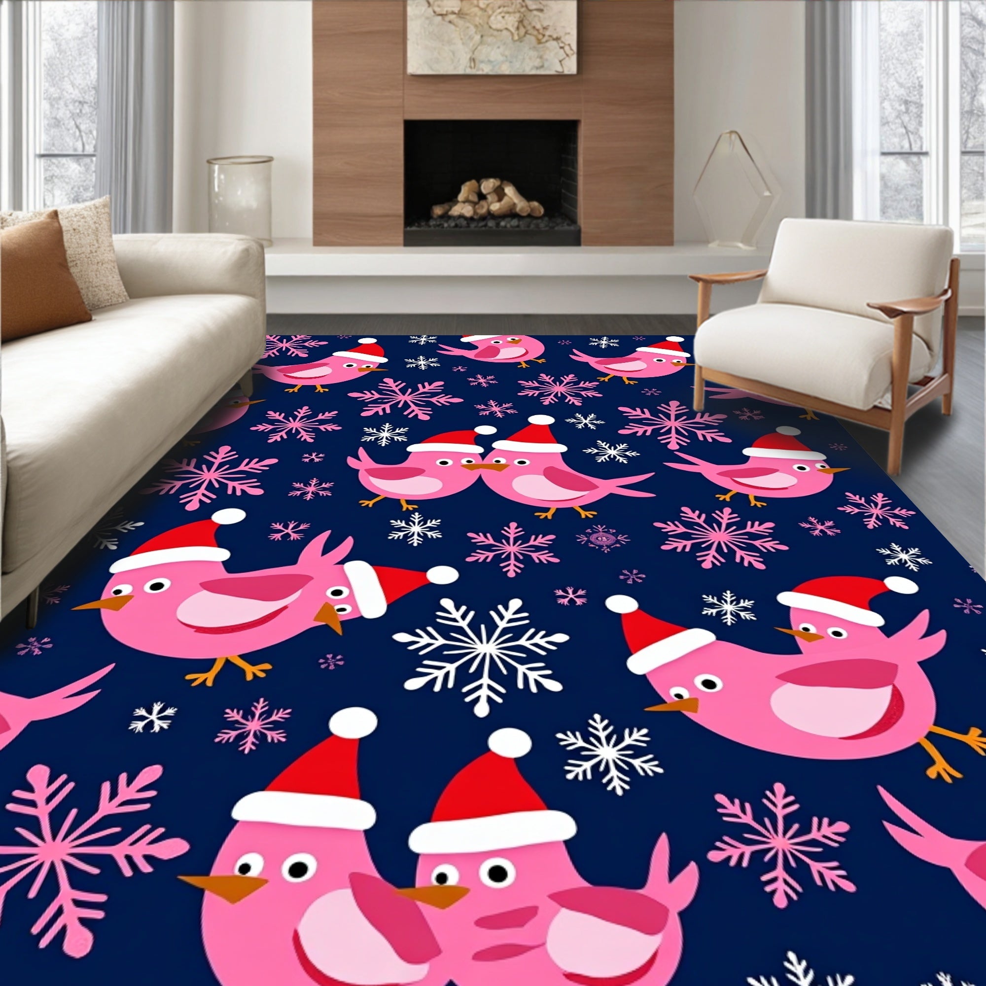 Pink Festive Birds Snowflakes Navy Rug