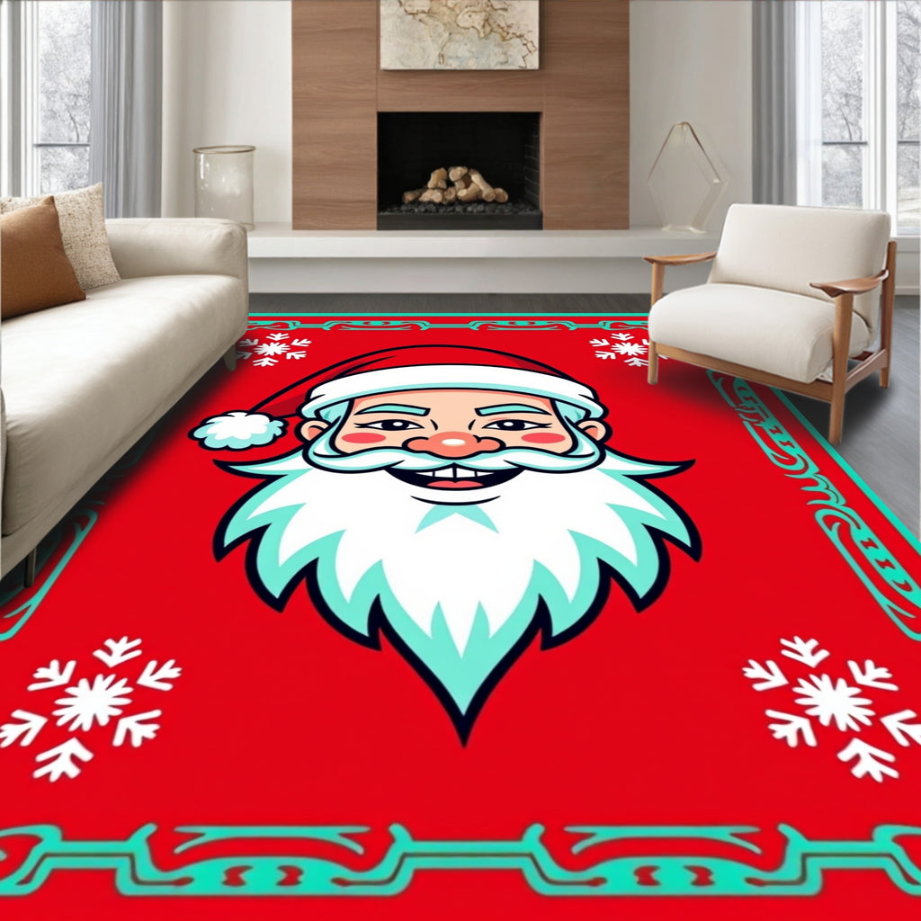 Joyful Red Santa Snowflake Border Rug