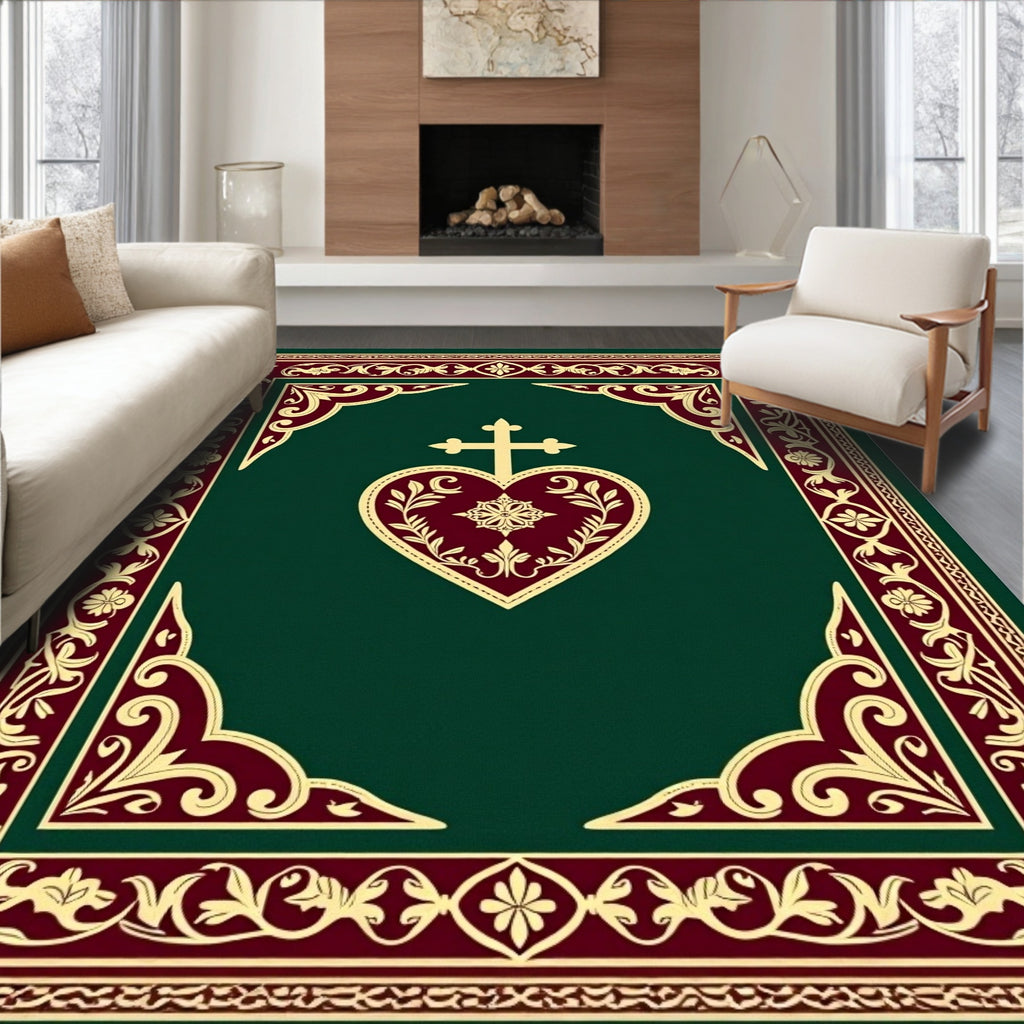 Deep Green Crimson Heart Cross Rug