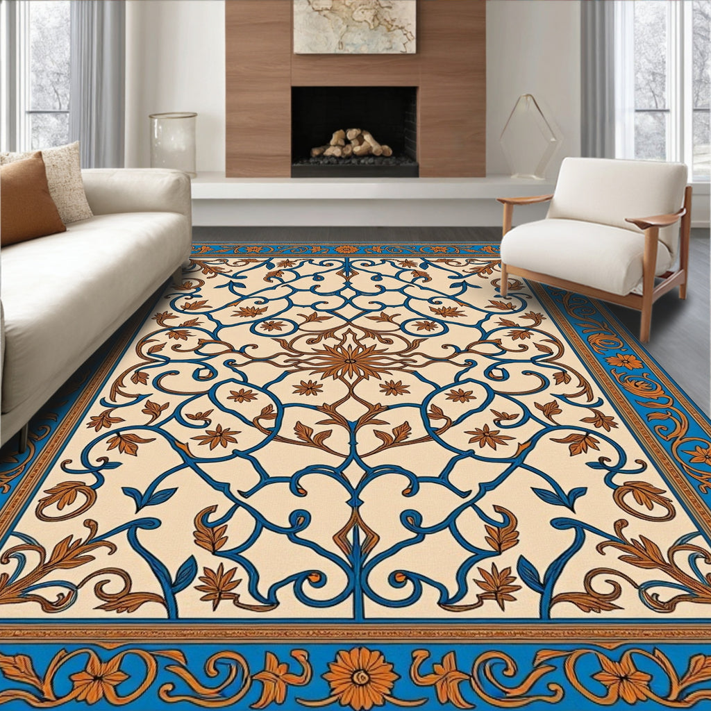 Deep Blue Brown Floral Scroll Medallion Rug