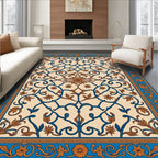 Deep Blue Brown Floral Scroll Medallion Rug