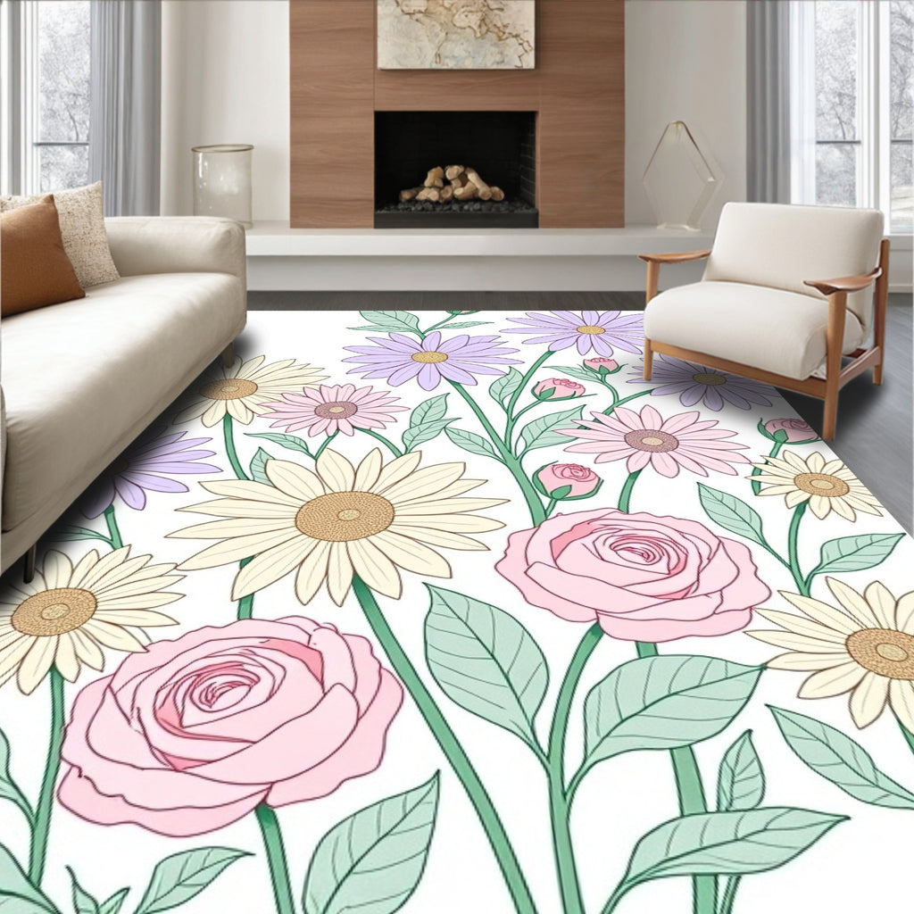 Pastel Floral Garden Daisy Rose Rug