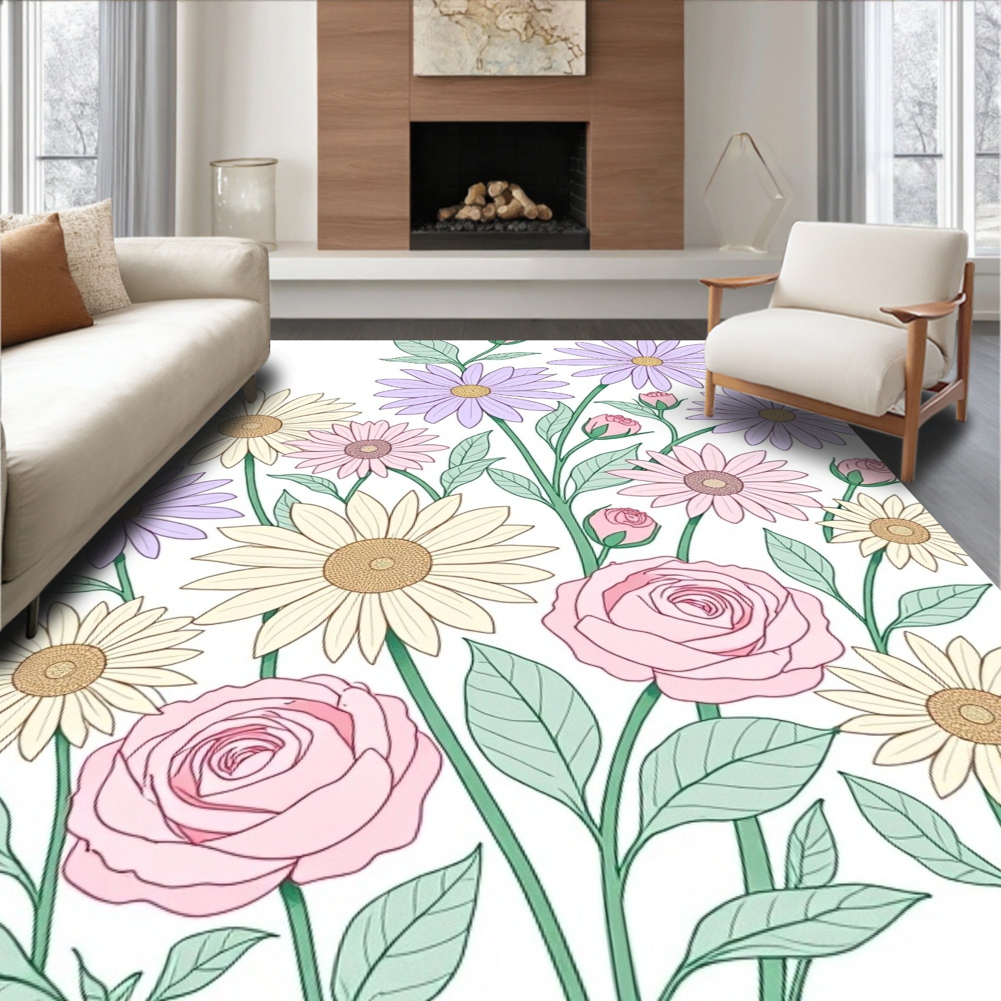 Pastel Floral Garden Daisy Rose Rug