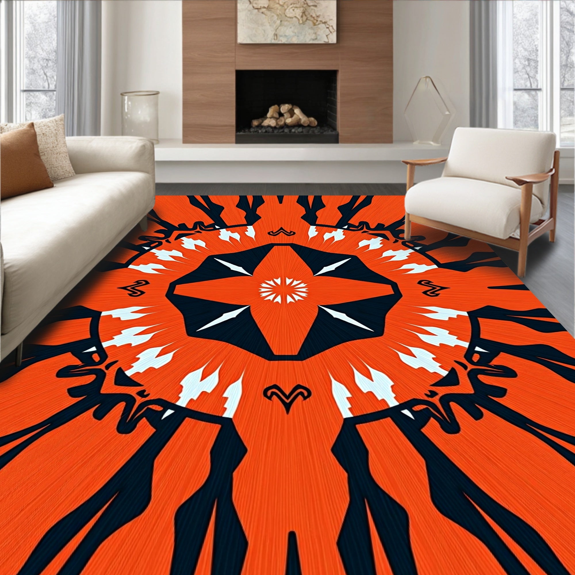 Radiant Orange Black Abstract Mandala Rug