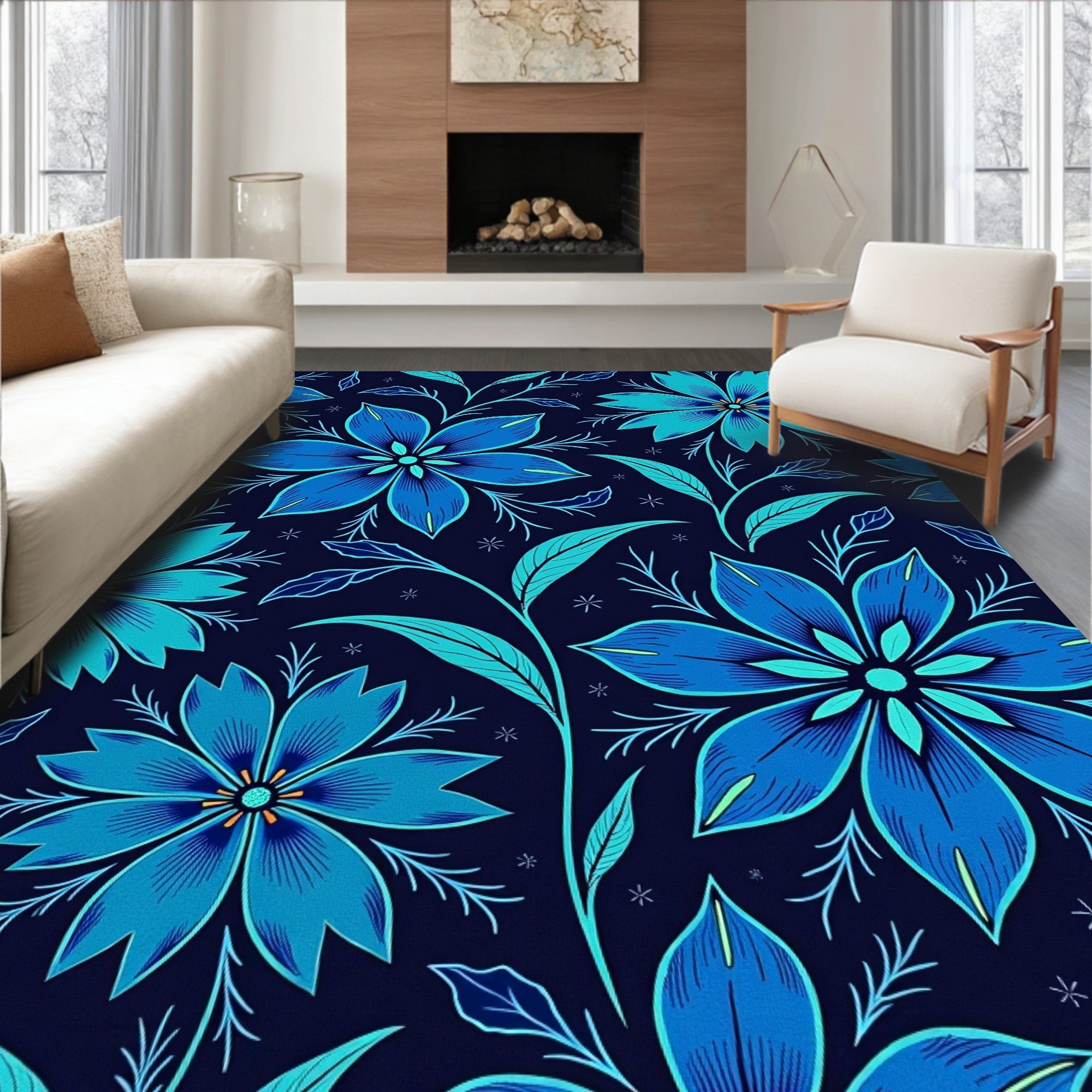 Deep Blue Floral Vine Botanical Rug