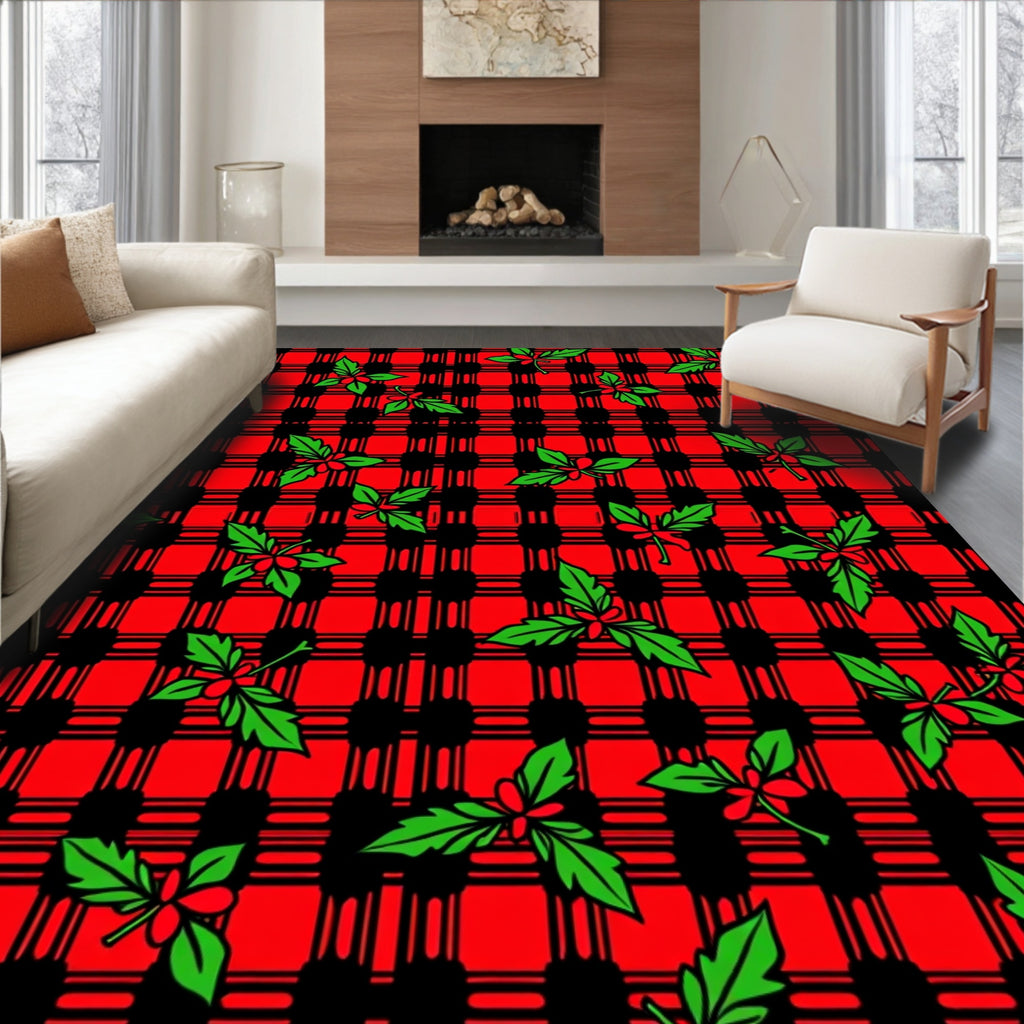 Red Black Plaid Holly Berry Accent Rug