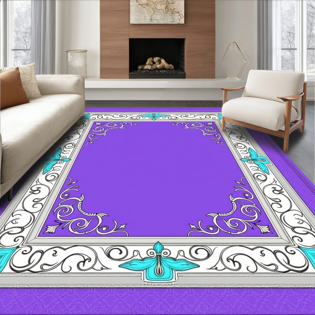 Ornate Purple White Teal Scrollwork Frame Rug