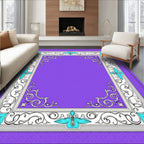 Ornate Purple White Teal Scrollwork Frame Rug
