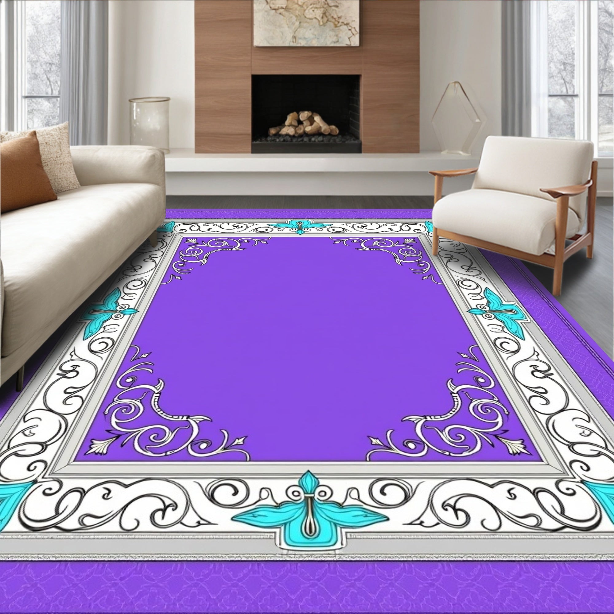 Ornate Purple White Teal Scrollwork Frame Rug