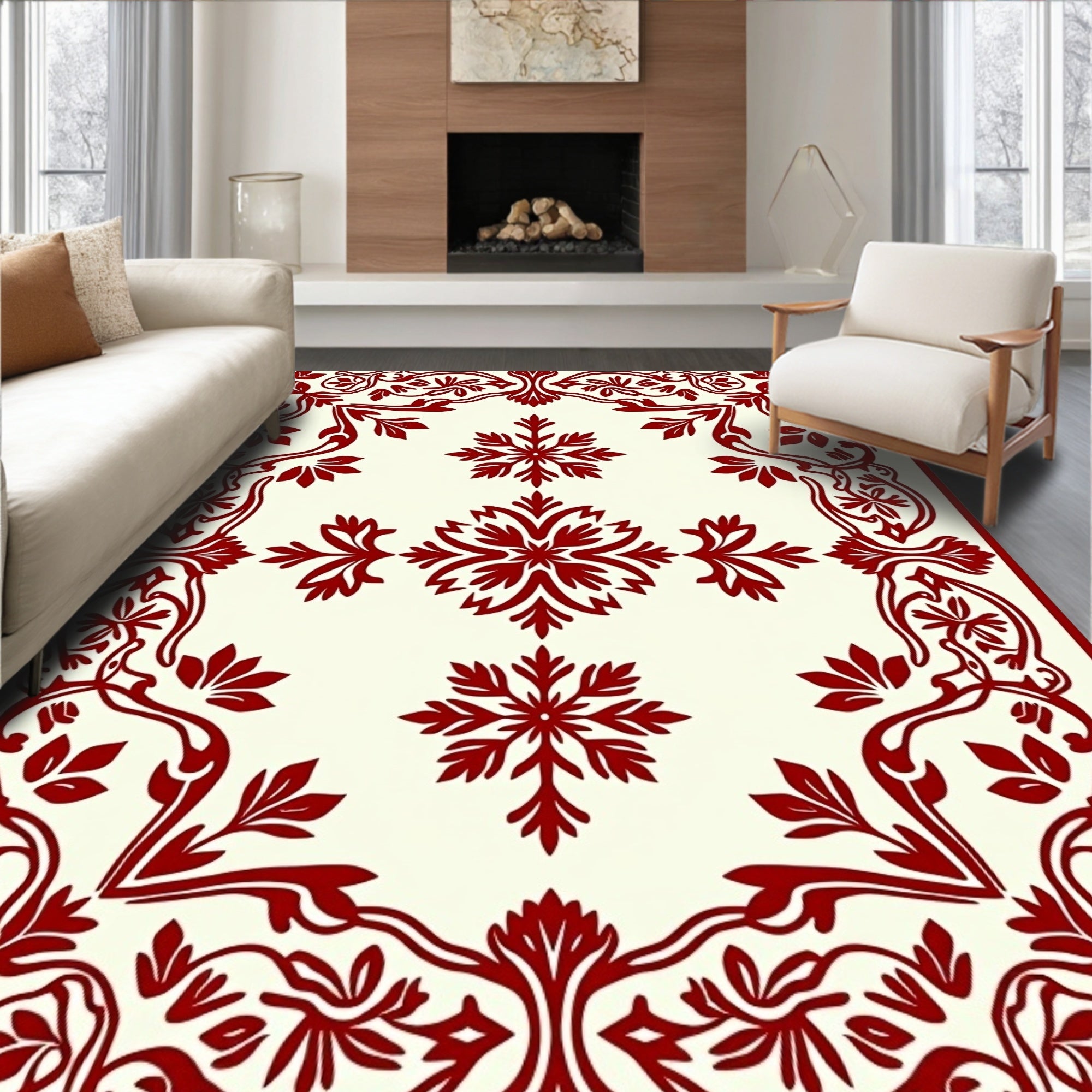 Crimson Floral Snowflake Medallion Rug
