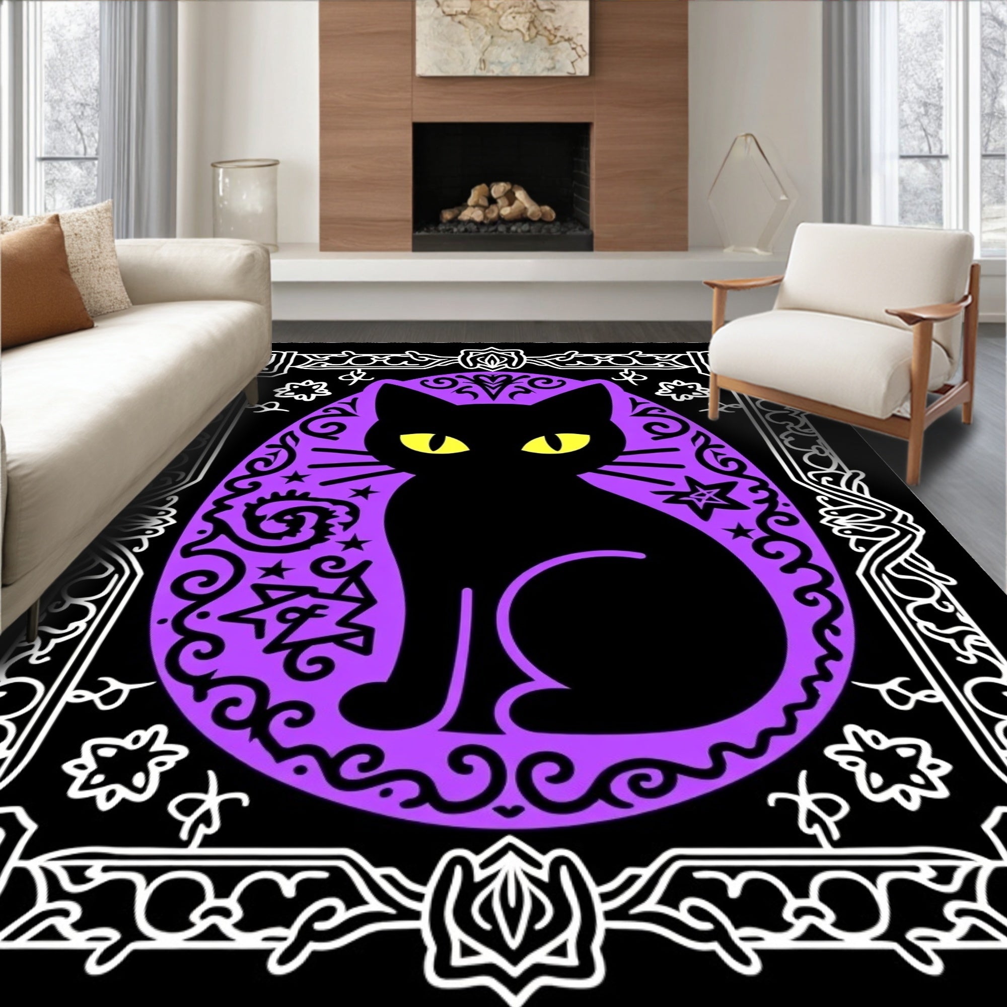 Mystical Black Cat Purple Stars Rug