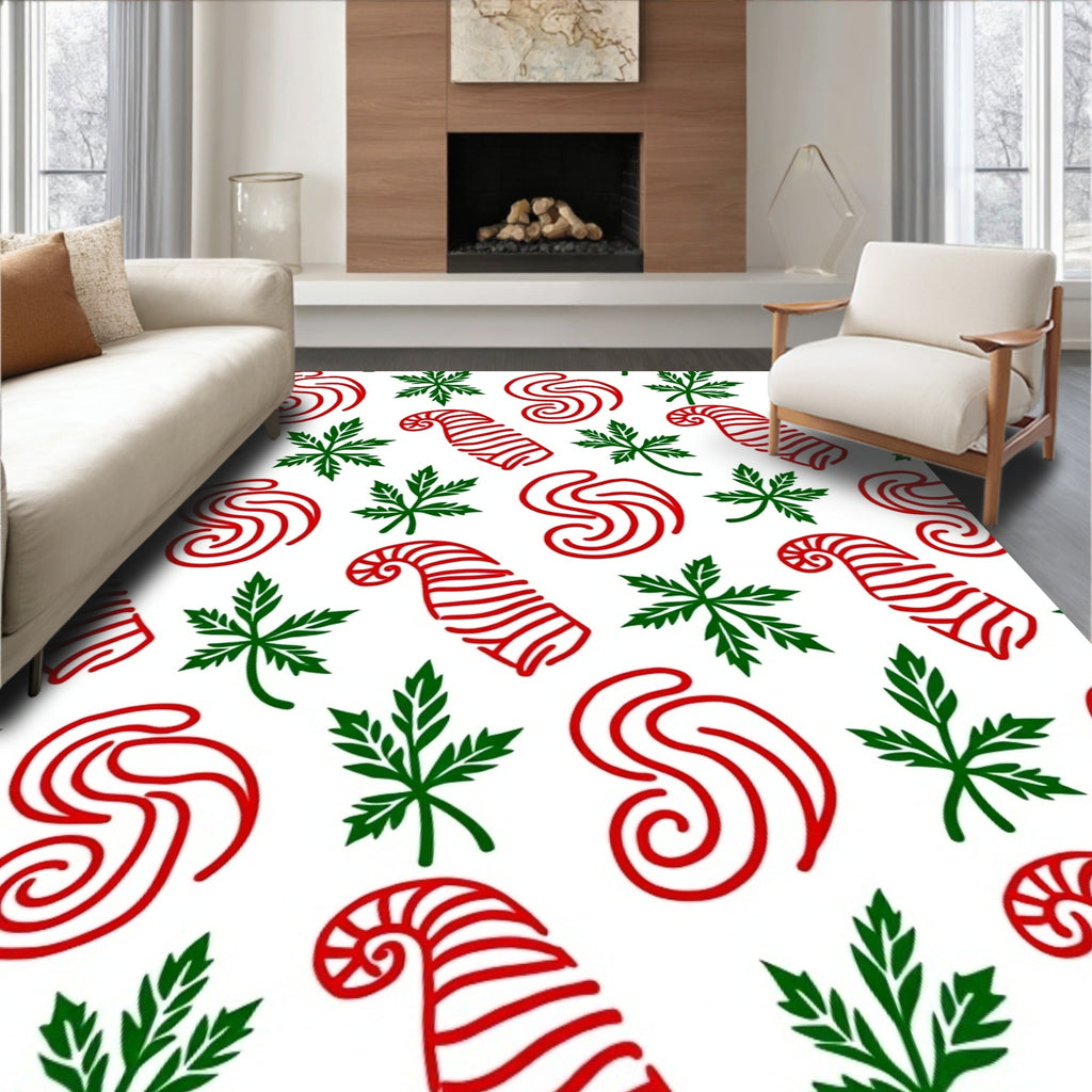 Red Green Swirl Candy Cane Leaves Rug