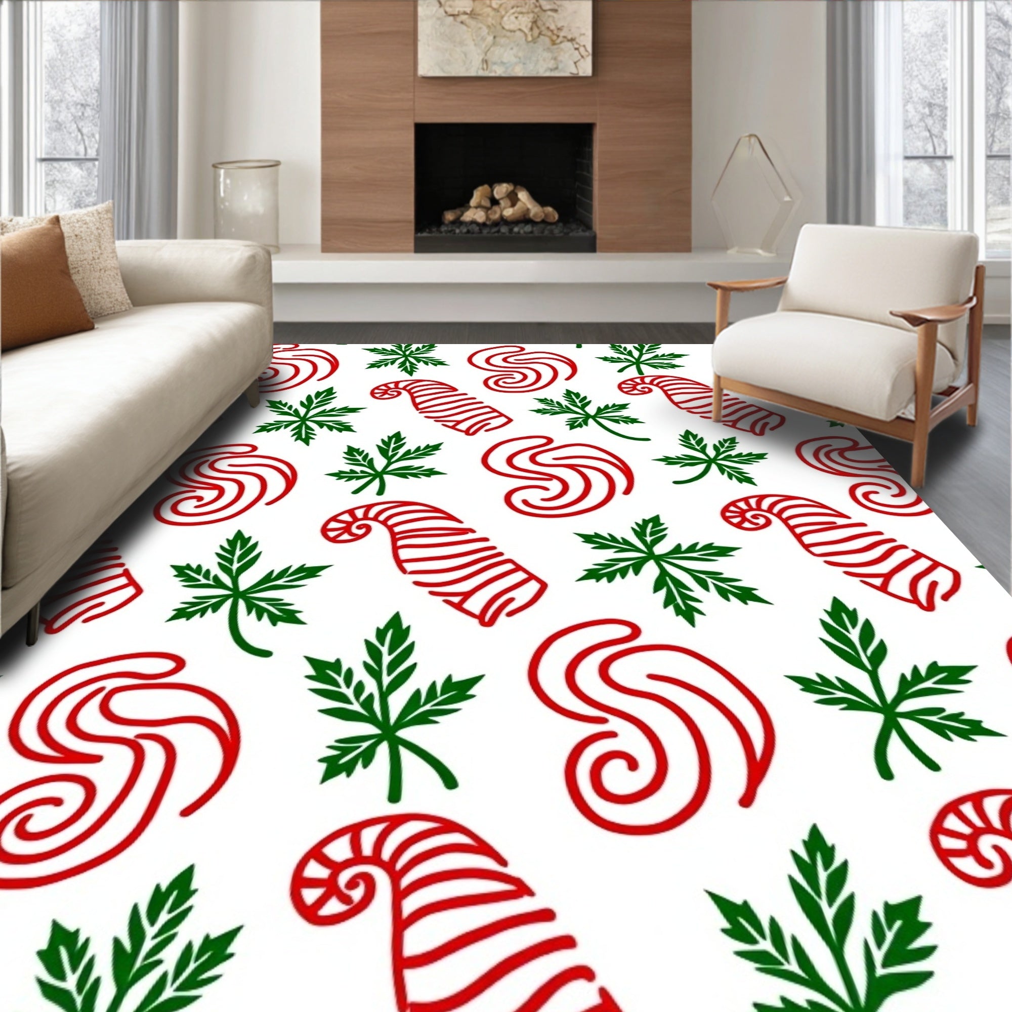 Red Green Swirl Candy Cane Leaves Rug