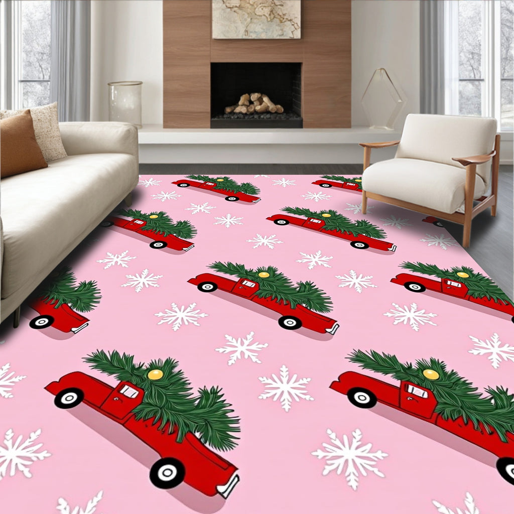 Red Truck Christmas Tree Snowflakes Rug