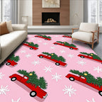 Red Truck Christmas Tree Snowflakes Rug