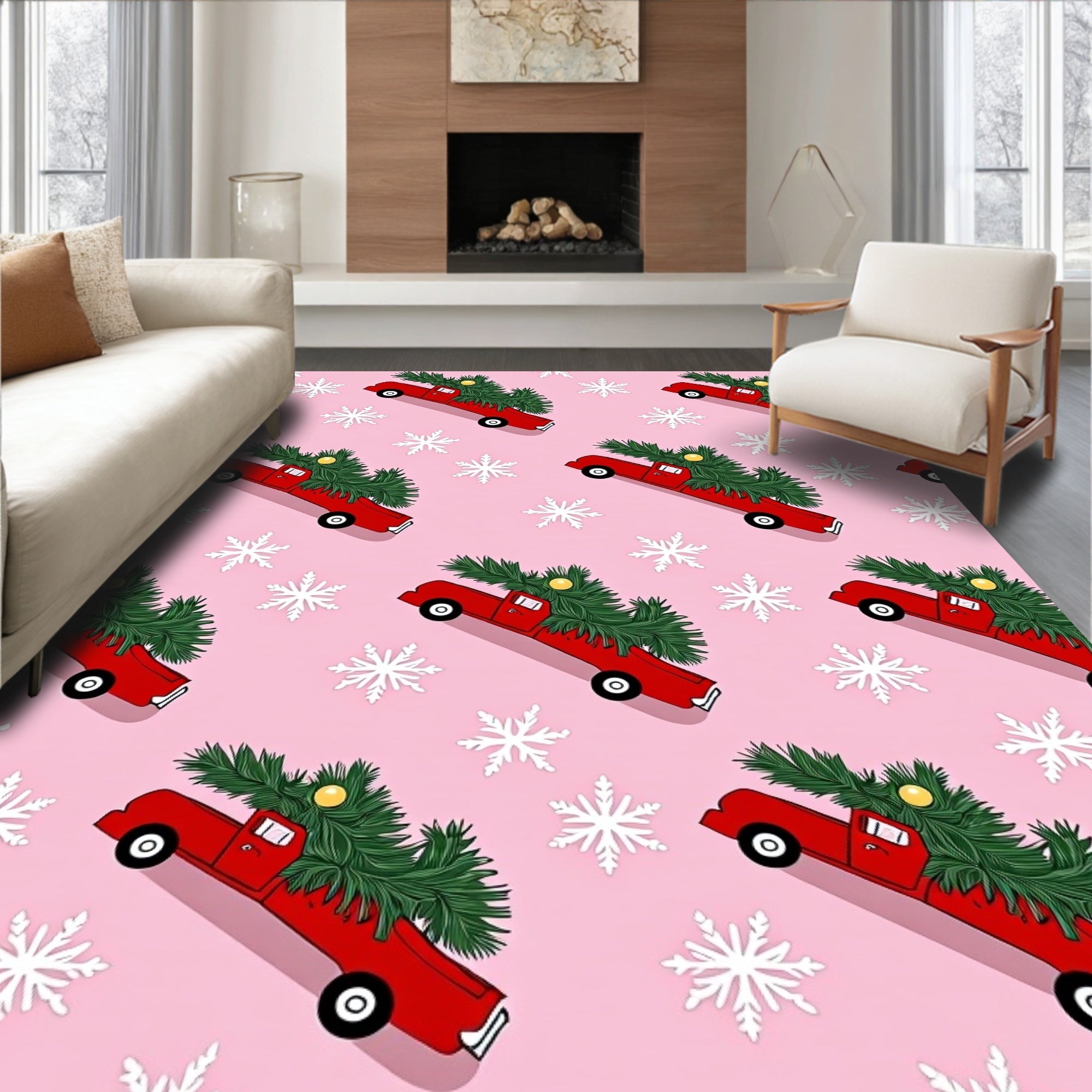 Red Truck Christmas Tree Snowflakes Rug