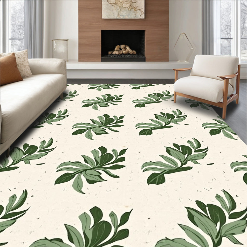 Earthy Ivory Green Leaf Branches Rug