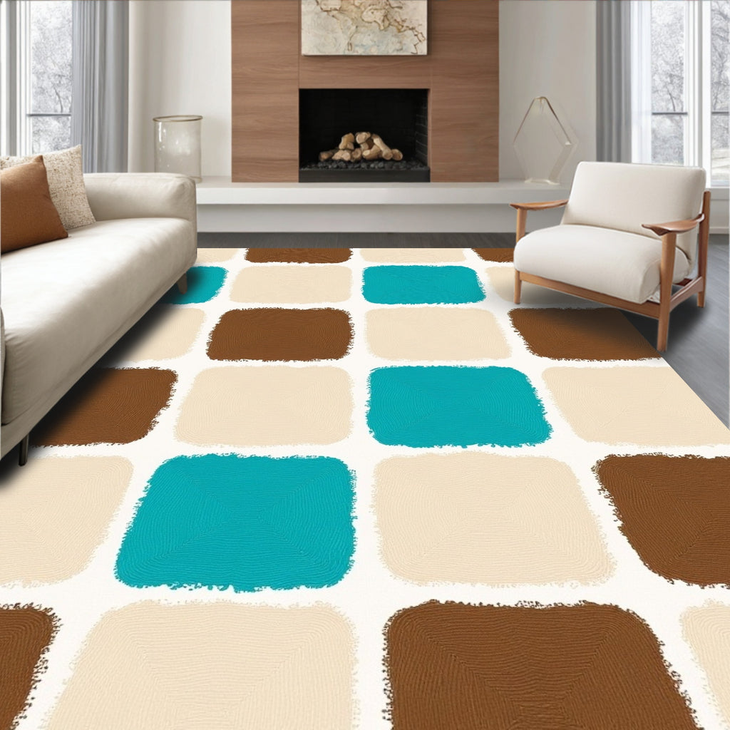 Brown Teal Cream Checkerboard Squares Rug