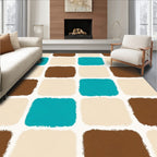 Brown Teal Cream Checkerboard Squares Rug