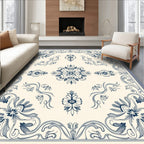 Navy Blue Floral Scroll Border Rug
