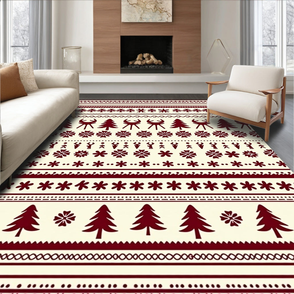 Festive Burgundy Trees and Stars Border Rug