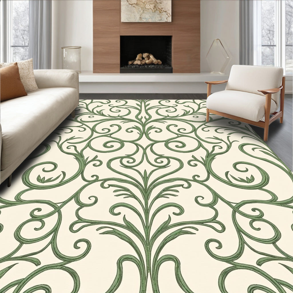 Green Flourishing Vine Scroll Rug