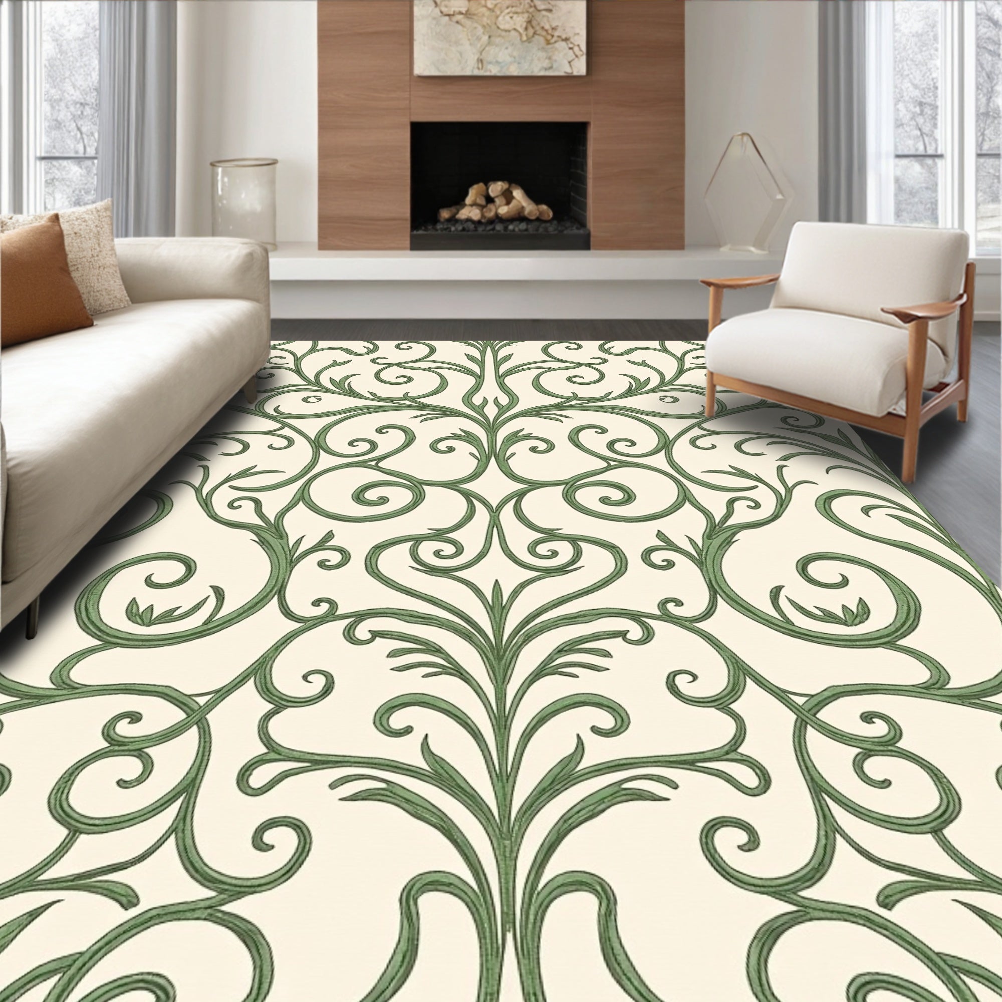 Green Flourishing Vine Scroll Rug