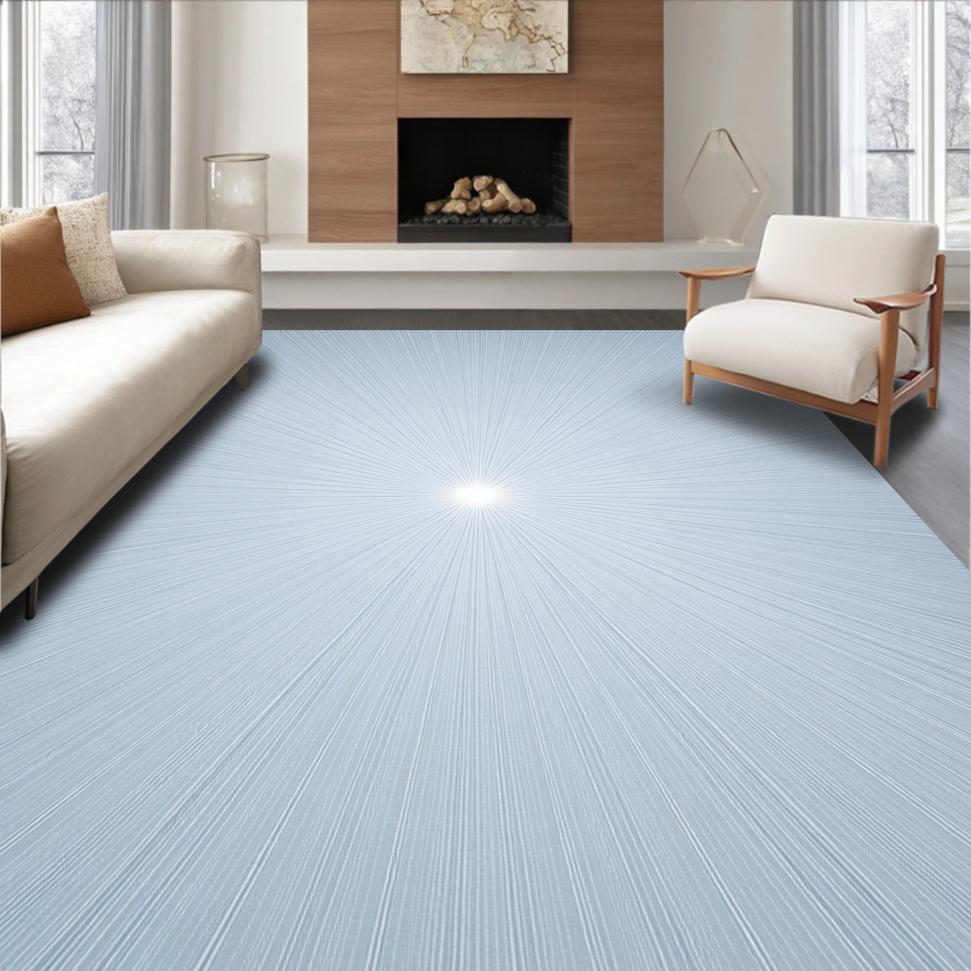 Pale Blue Sunburst Radial Lines Rug