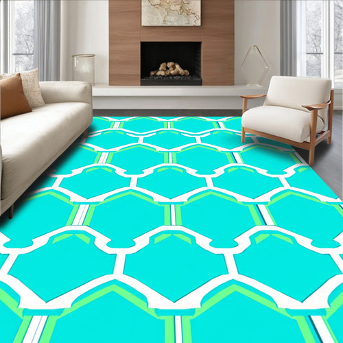 Aqua White Geometric Honeycomb Rug