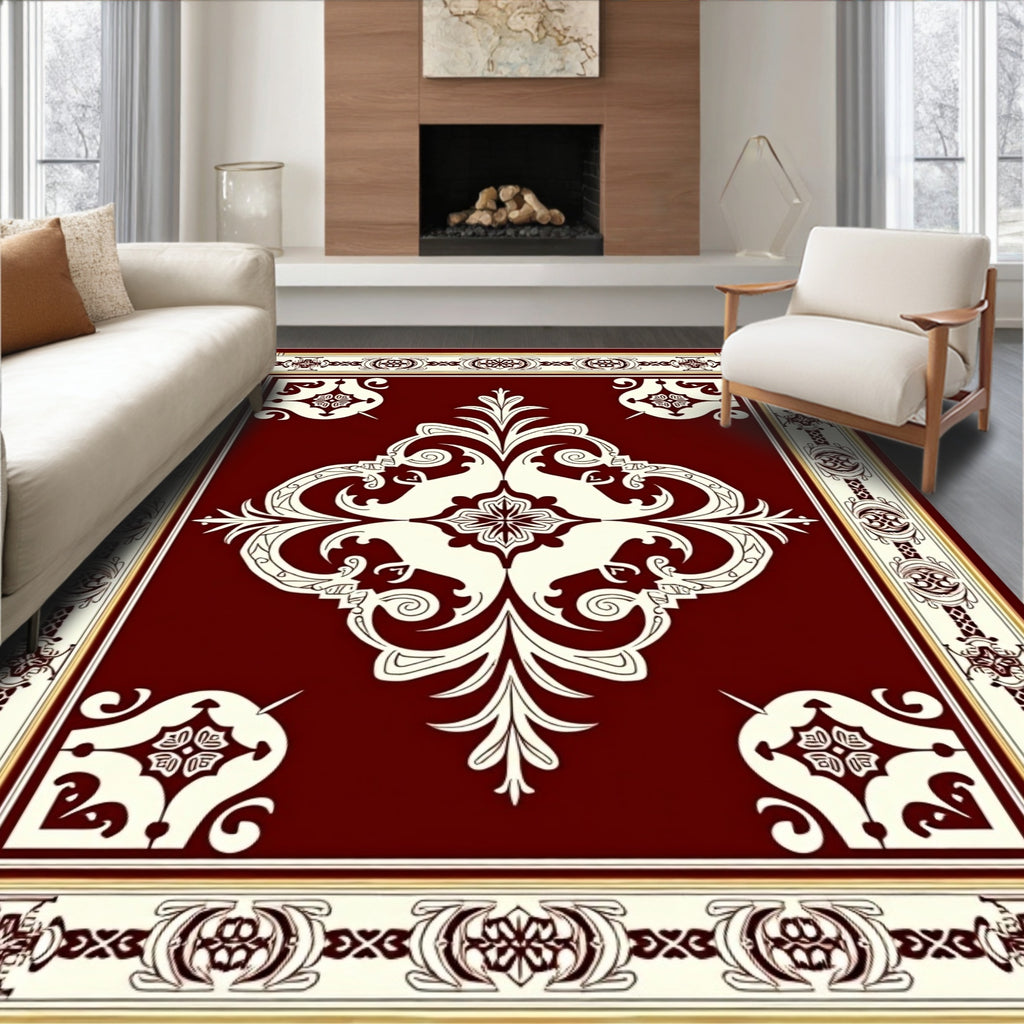 Crimson Ivory Filigree Scroll Border Rug