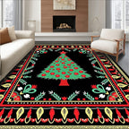 Festive Red Green Christmas Tree Border Rug