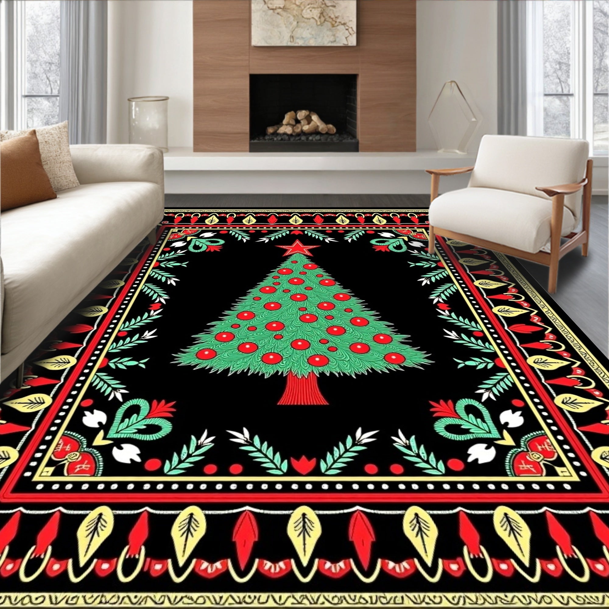 Festive Red Green Christmas Tree Border Rug
