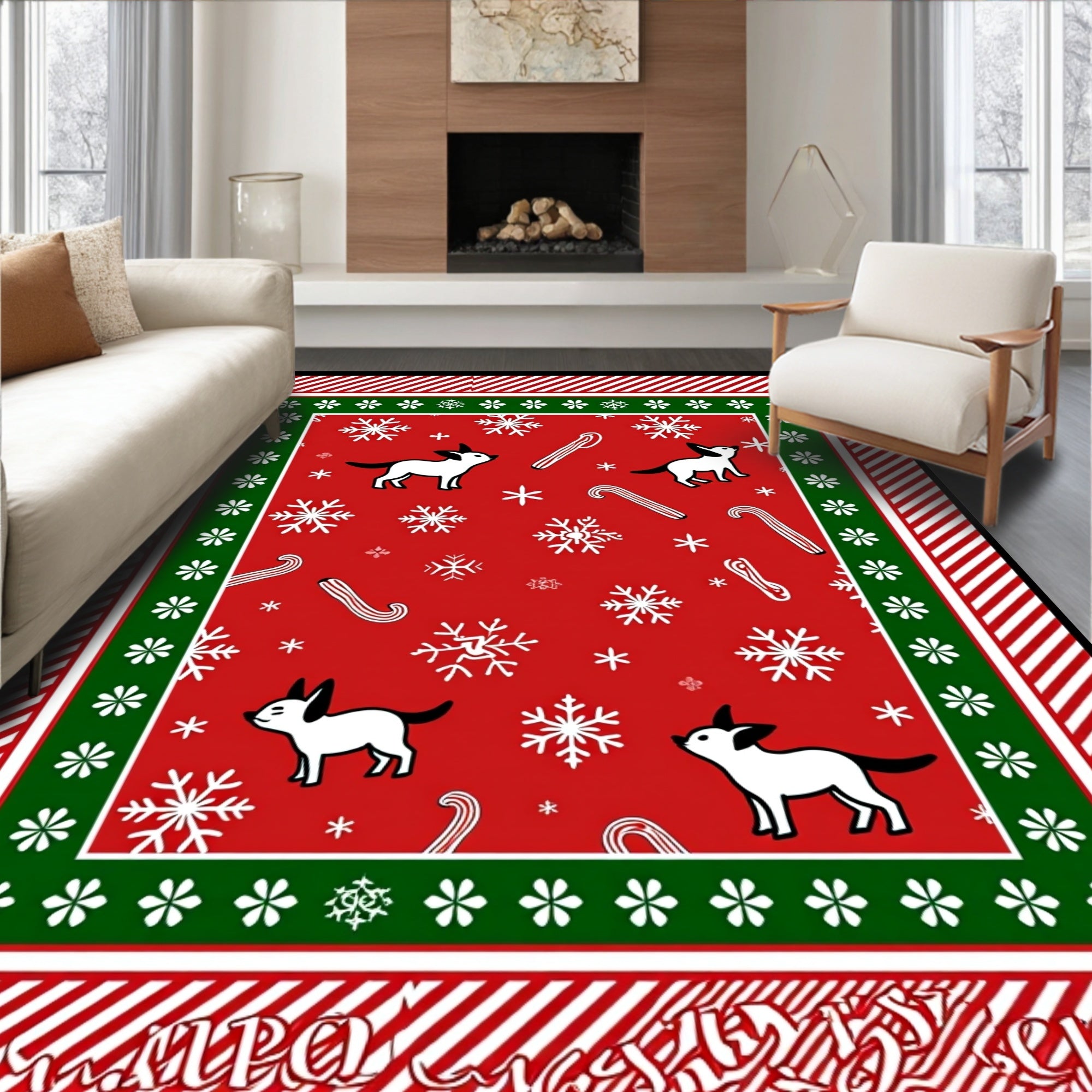 Festive Red Dog Snowflakes Candy Canes Rug