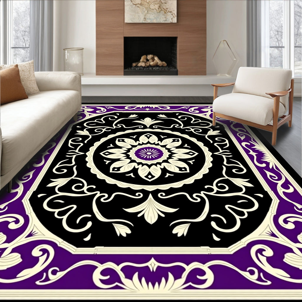 Regal Purple Cream Black Floral Medallion Rug