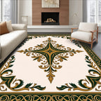 Elegant Ivory and Emerald Floral Scroll Rug