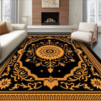 Ornate Orange Floral Medallion Black Rug